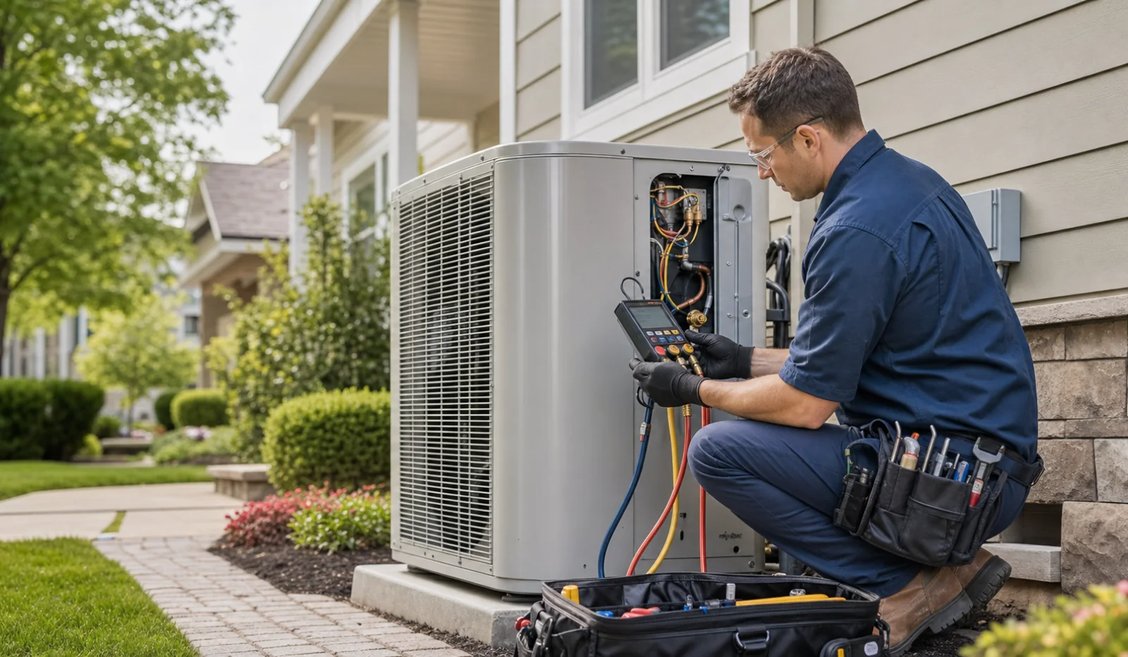HVAC technician using digital manifold gauges on a residential heat-pump condenser.